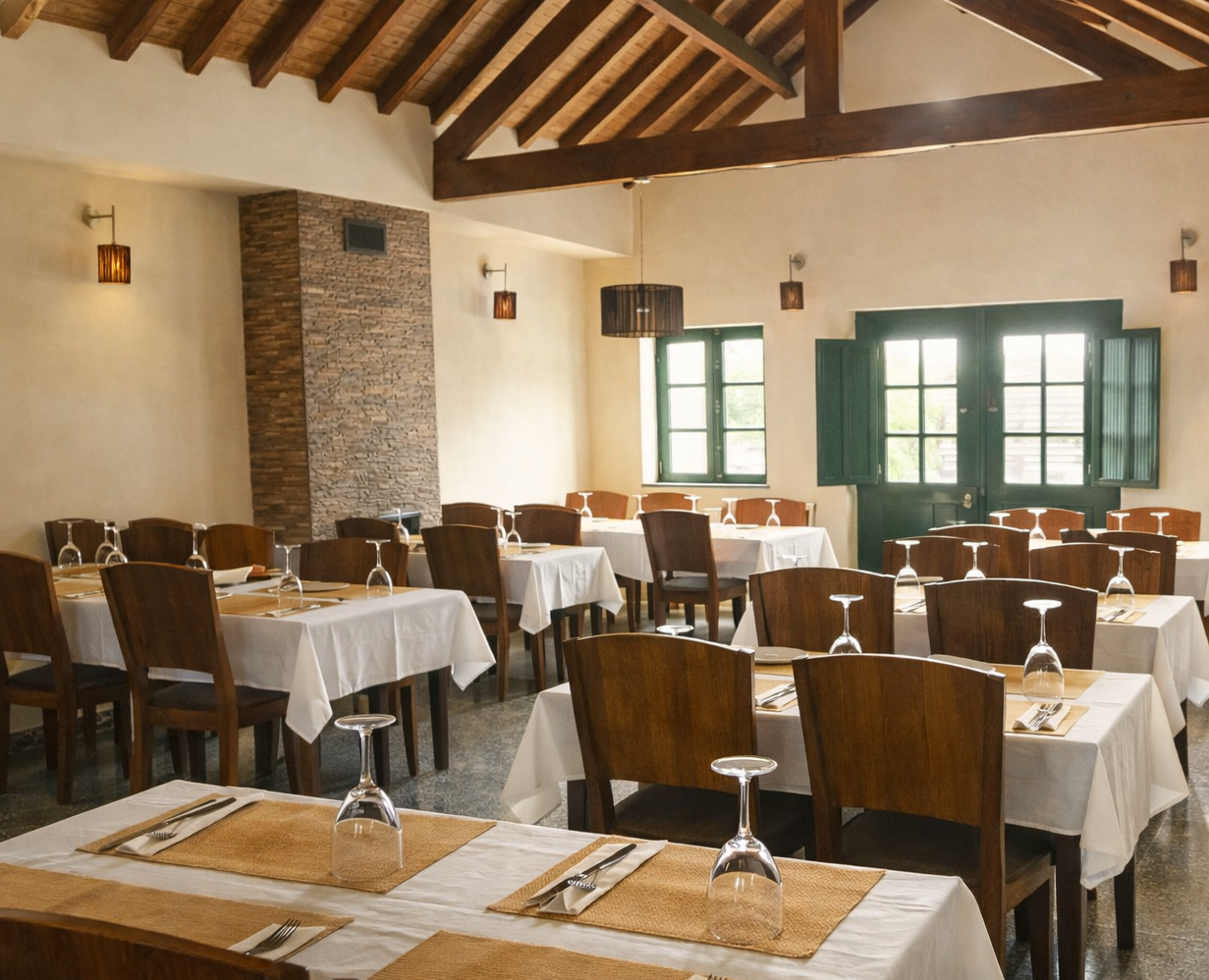 Sala interior do restaurante com tectos de madeira